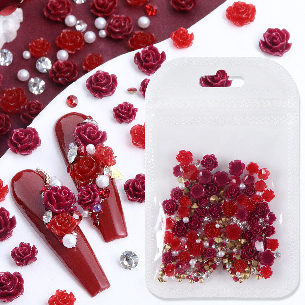 50pcs Red Rose Nail Charms , 3D Resin Flower Nail Decorations with Rhinestones & Pearls, Y2K Romantic Gothic DIY Nail Salon Supplies