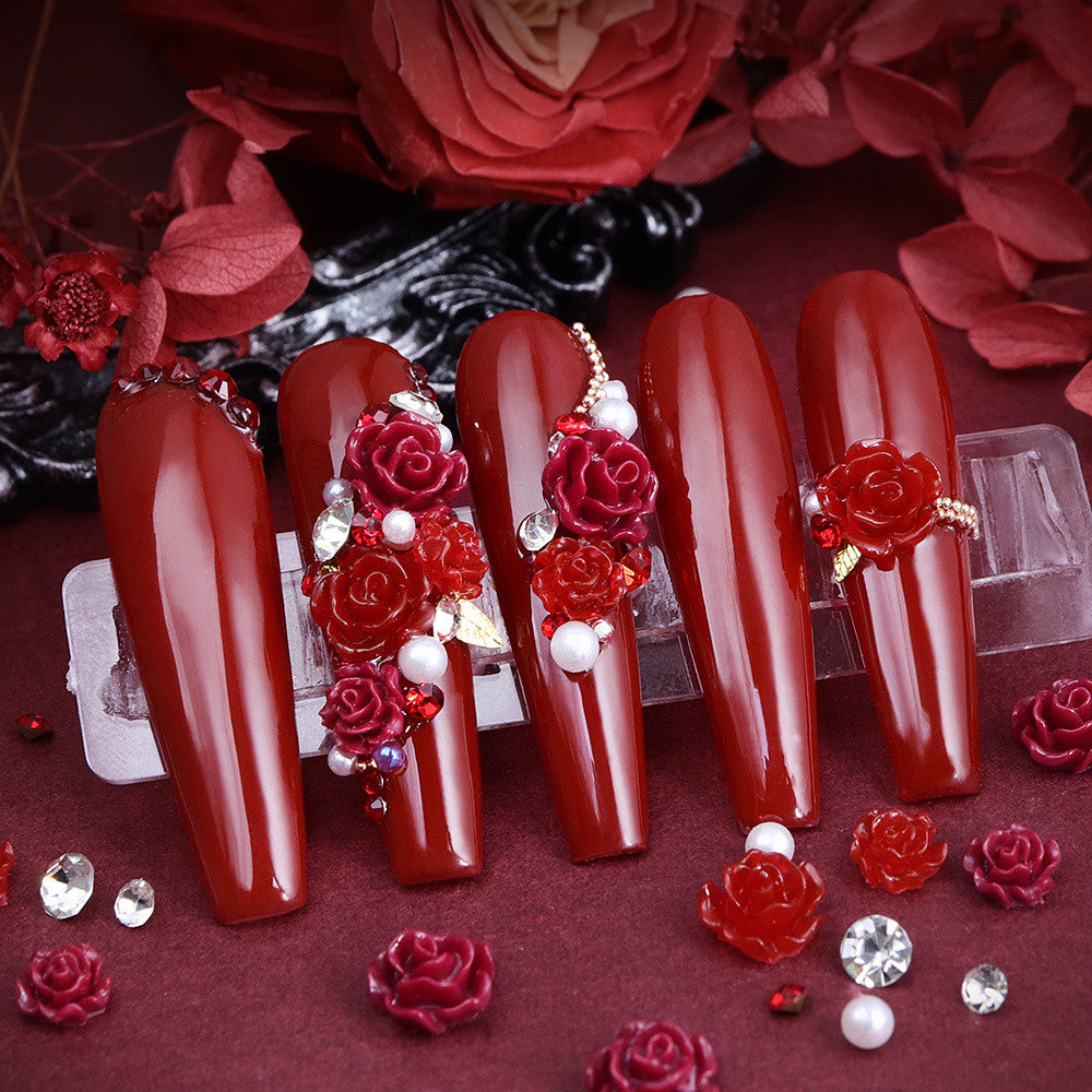 50pcs Red Rose Nail Charms , 3D Resin Flower Nail Decorations with Rhinestones & Pearls, Y2K Romantic Gothic DIY Nail Salon Supplies