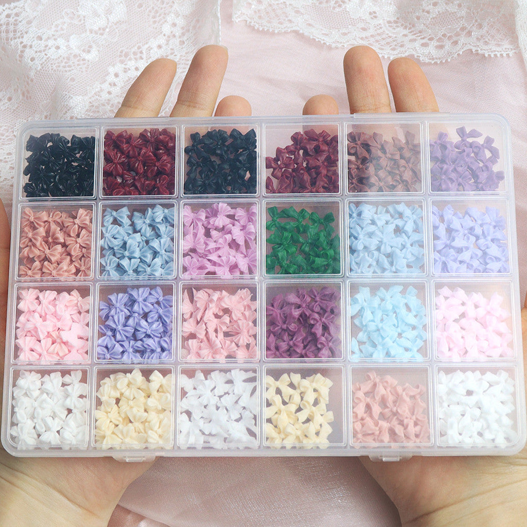 24 Grid Multi-color 3D Bow Nail Charms Matte Resin Mini Bowknot DIY Press On Nail Parts Sweet Girl Manicure Accessories For Wedding Dating Daily Nail Art