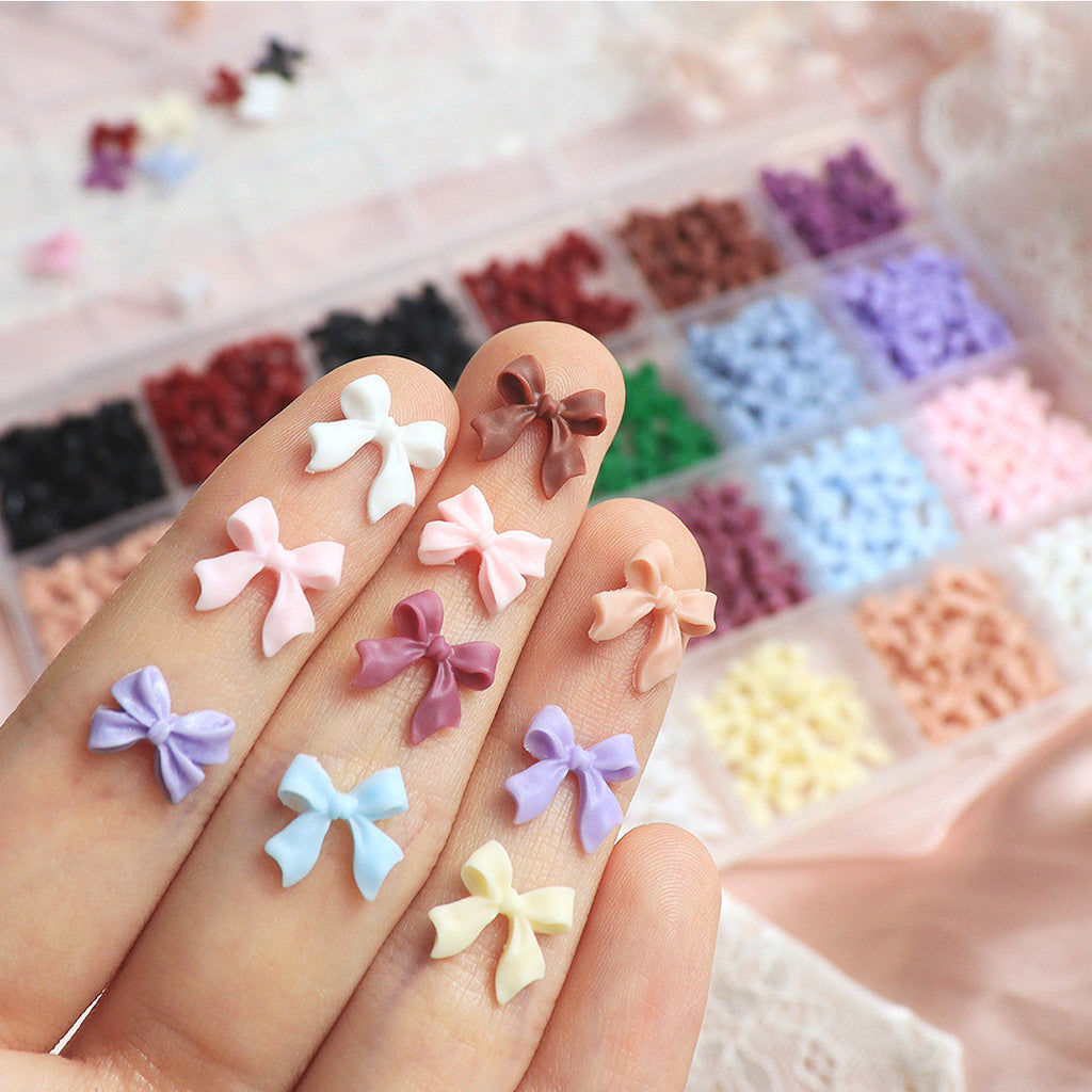 24 Grid Multi-color 3D Bow Nail Charms Matte Resin Mini Bowknot DIY Press On Nail Parts Sweet Girl Manicure Accessories For Wedding Dating Daily Nail Art