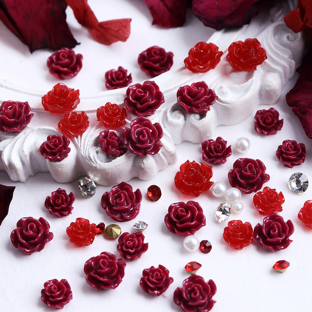 50pcs Red Rose Nail Charms , 3D Resin Flower Nail Decorations with Rhinestones & Pearls, Y2K Romantic Gothic DIY Nail Salon Supplies