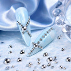 6 Grid Silvery Half-Round Nail Art Decoration DIY Nail Art Set, Metallic Half-Round Flatback Pearl Nail Art Supplies for Women and Girls Decoration Mixed Size Parts