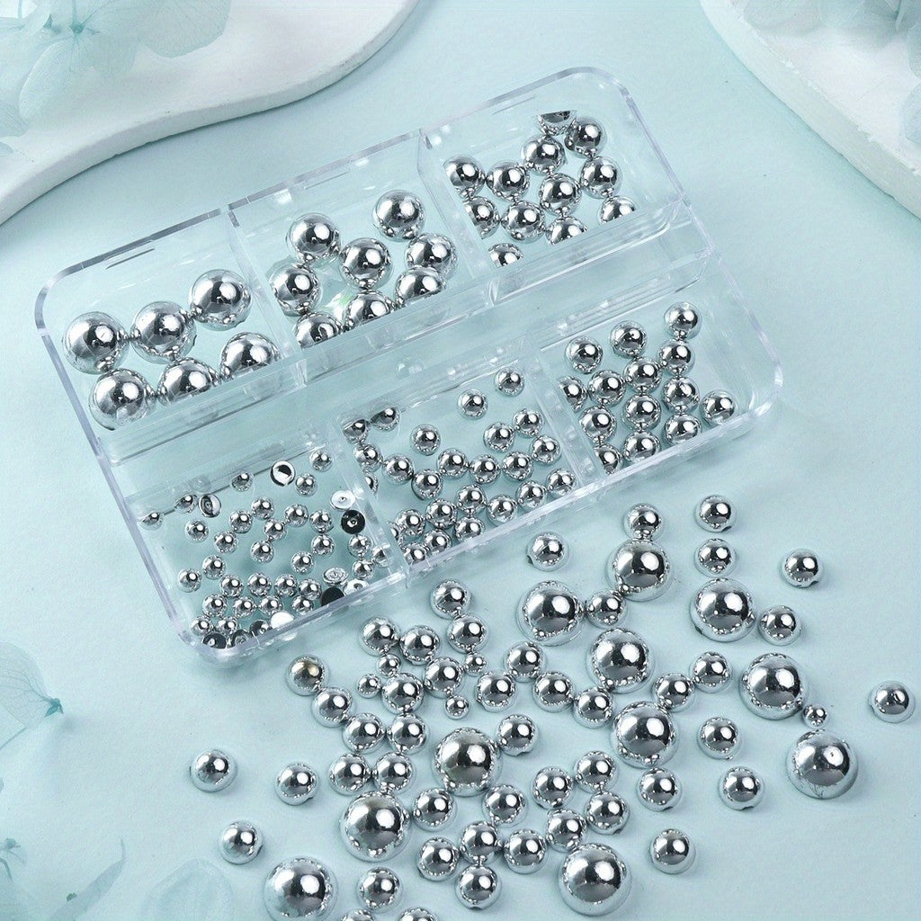 6 Grid Silvery Half-Round Nail Art Decoration DIY Nail Art Set, Metallic Half-Round Flatback Pearl Nail Art Supplies for Women and Girls Decoration Mixed Size Parts