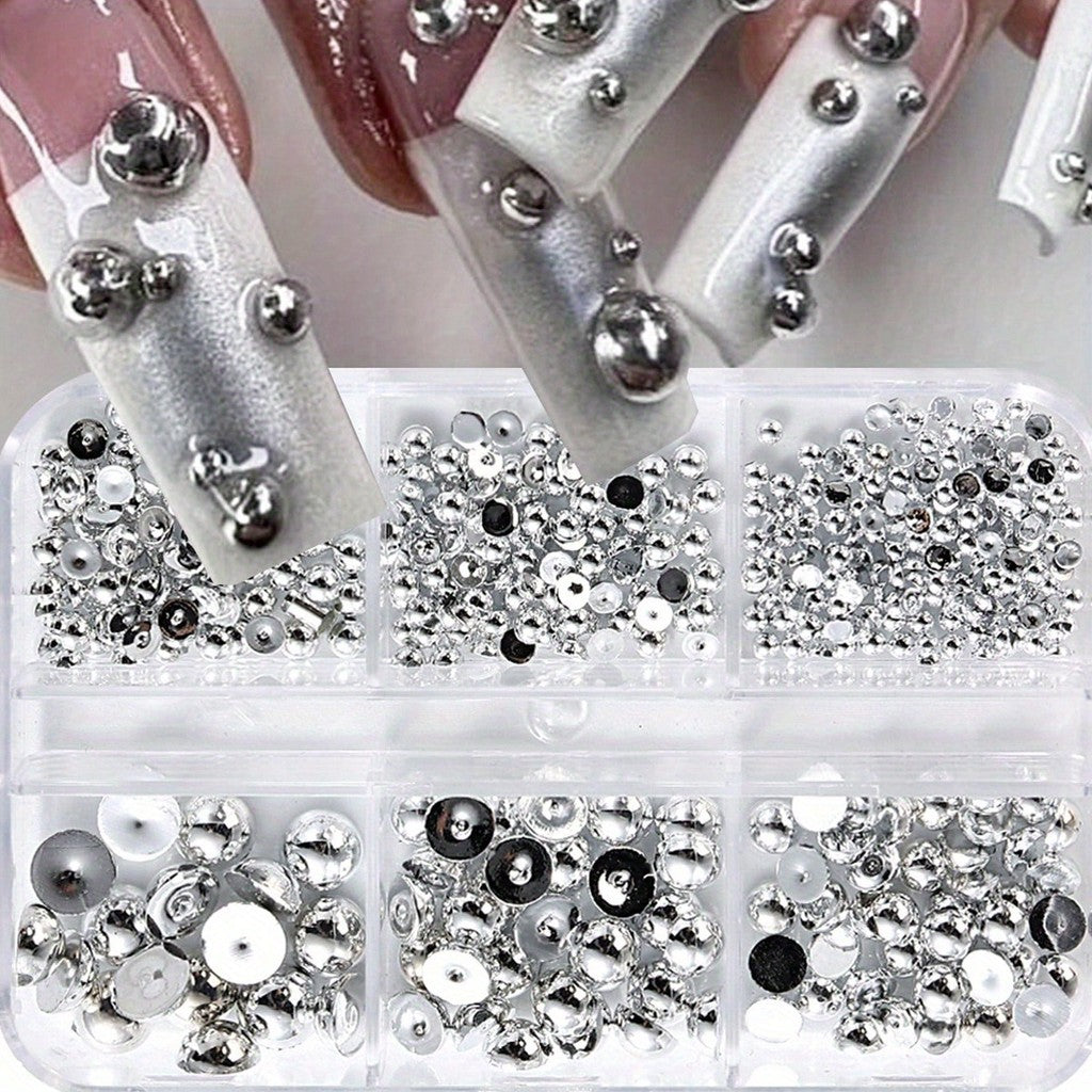 6 Grid Silvery Half-Round Nail Art Decoration DIY Nail Art Set, Metallic Half-Round Flatback Pearl Nail Art Supplies for Women and Girls Decoration Mixed Size Parts
