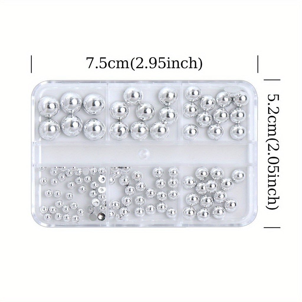 6 Grid Silvery Half-Round Nail Art Decoration DIY Nail Art Set, Metallic Half-Round Flatback Pearl Nail Art Supplies for Women and Girls Decoration Mixed Size Parts