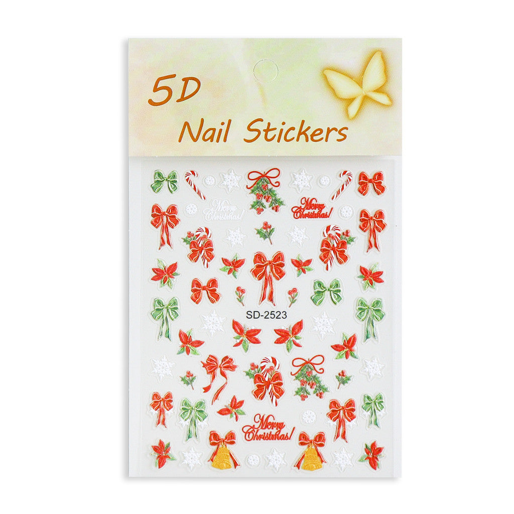 1pcs Snowy Christmas Embossed Nail Stickers, 5D Red Green Bow Tree Snowflake Nail Decals, Winter Xmas Nail Art Supplies for Press On Nails