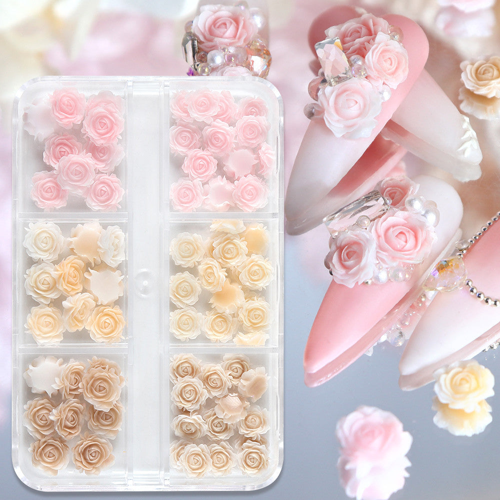 6 Grids Gradient Pastel Rose Nail Charms, Blue Pink Grey Mini Resin 3D Flower Nail Decorations,DIY Manicure Nail Salon Accessories