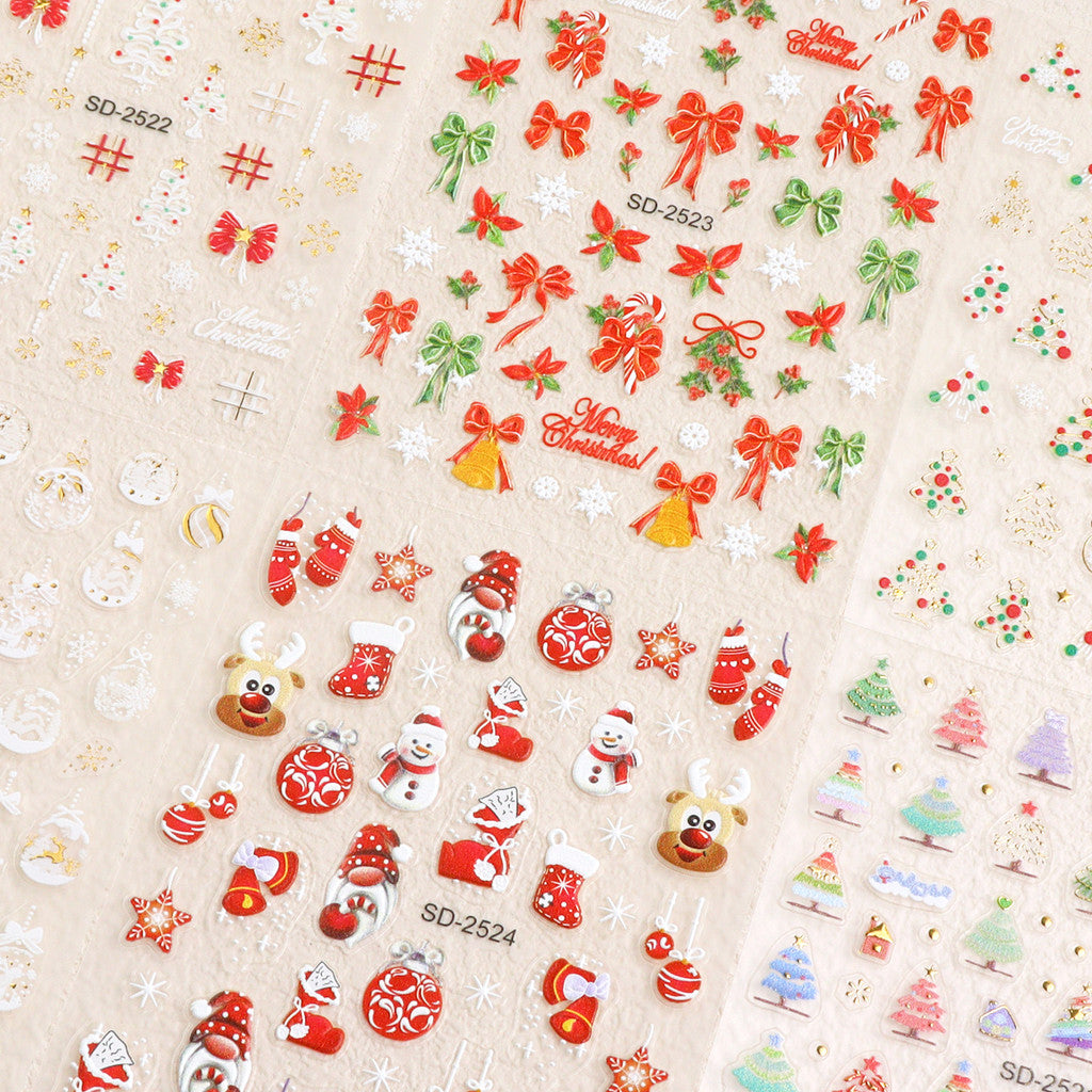 1pcs Snowy Christmas Embossed Nail Stickers, 5D Red Green Bow Tree Snowflake Nail Decals, Winter Xmas Nail Art Supplies for Press On Nails