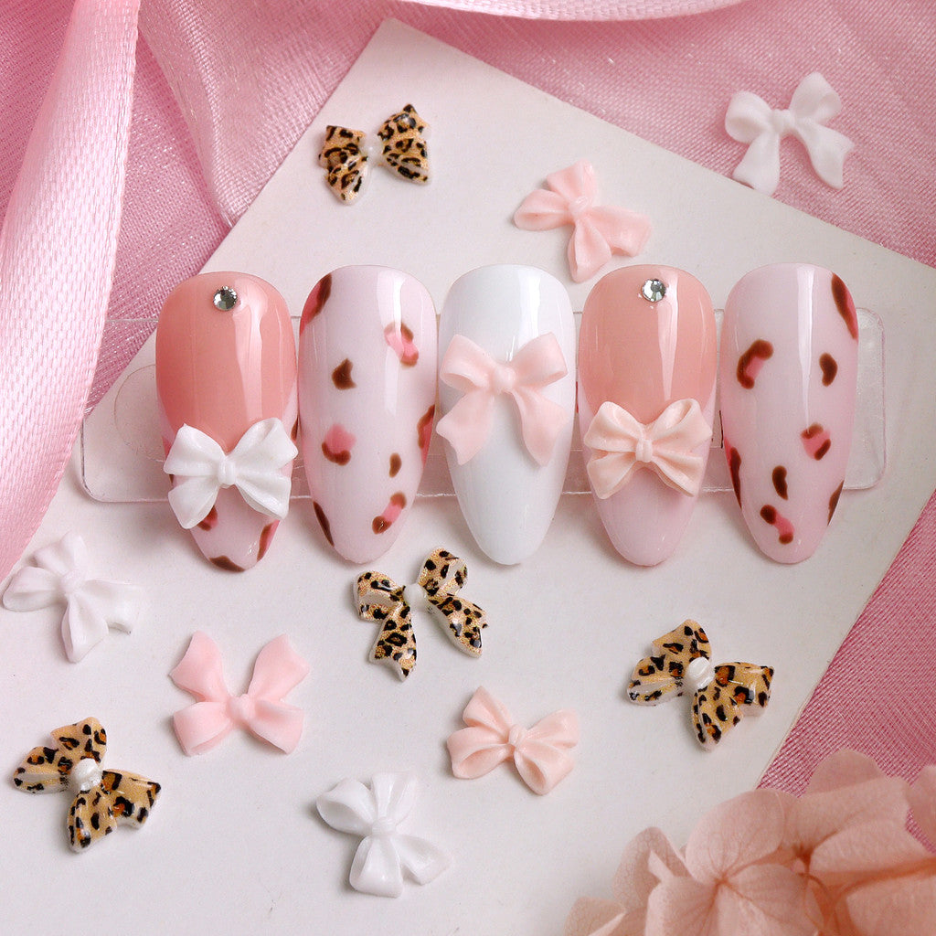 200pcs Leopard Print Bow Nail Charms, Pastel White Pink 3D Bowknot, Kawaii Nail Decor, Y2K Manicure Supplies, Mixed Ribbon Bow Nail Ornaments