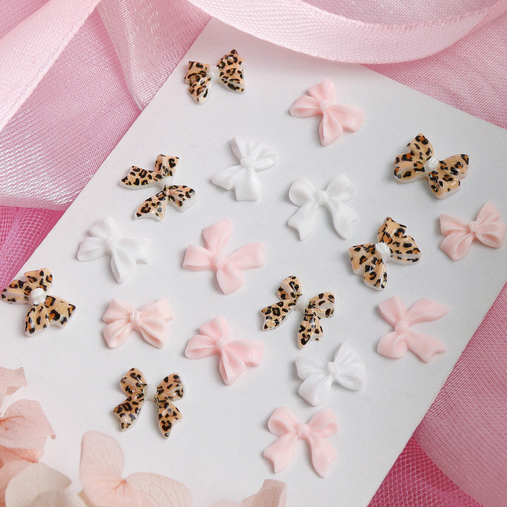 200pcs Leopard Print Bow Nail Charms, Pastel White Pink 3D Bowknot, Kawaii Nail Decor, Y2K Manicure Supplies, Mixed Ribbon Bow Nail Ornaments