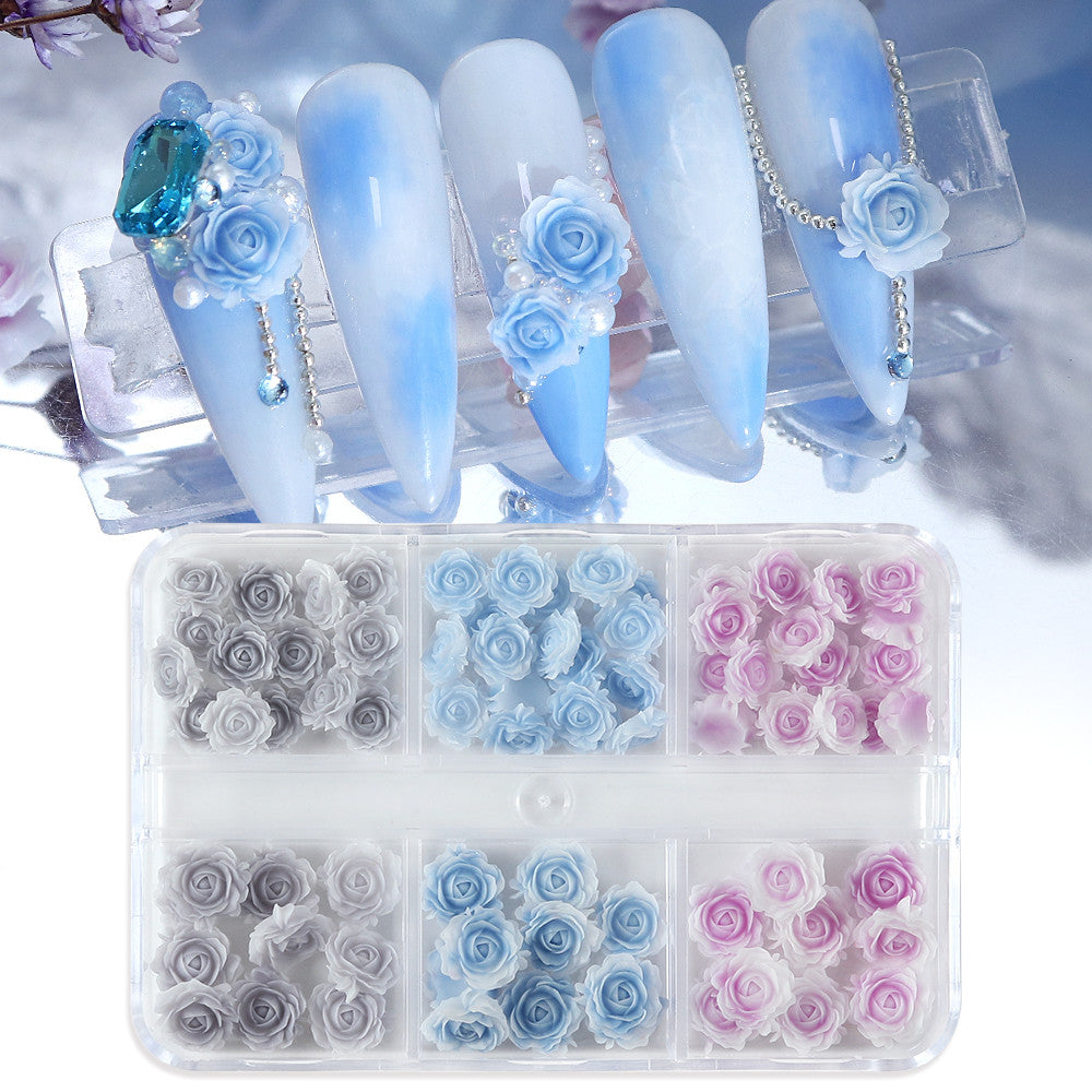 6 Grids Gradient Pastel Rose Nail Charms, Blue Pink Grey Mini Resin 3D Flower Nail Decorations,DIY Manicure Nail Salon Accessories