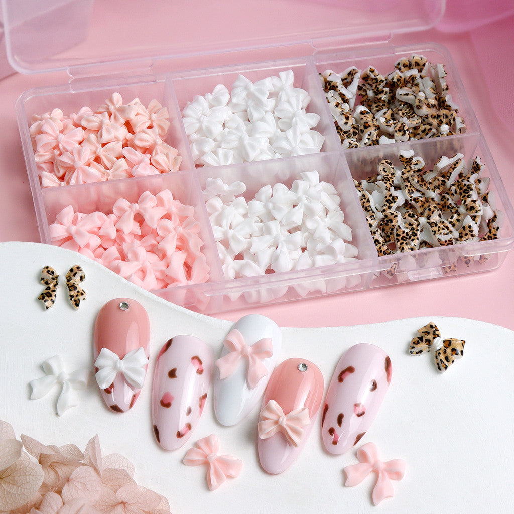 200pcs Leopard Print Bow Nail Charms, Pastel White Pink 3D Bowknot, Kawaii Nail Decor, Y2K Manicure Supplies, Mixed Ribbon Bow Nail Ornaments