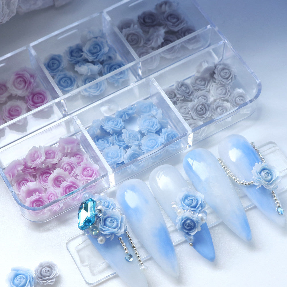 6 Grids Gradient Pastel Rose Nail Charms, Blue Pink Grey Mini Resin 3D Flower Nail Decorations,DIY Manicure Nail Salon Accessories