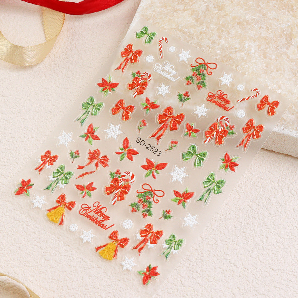 1pcs Snowy Christmas Embossed Nail Stickers, 5D Red Green Bow Tree Snowflake Nail Decals, Winter Xmas Nail Art Supplies for Press On Nails