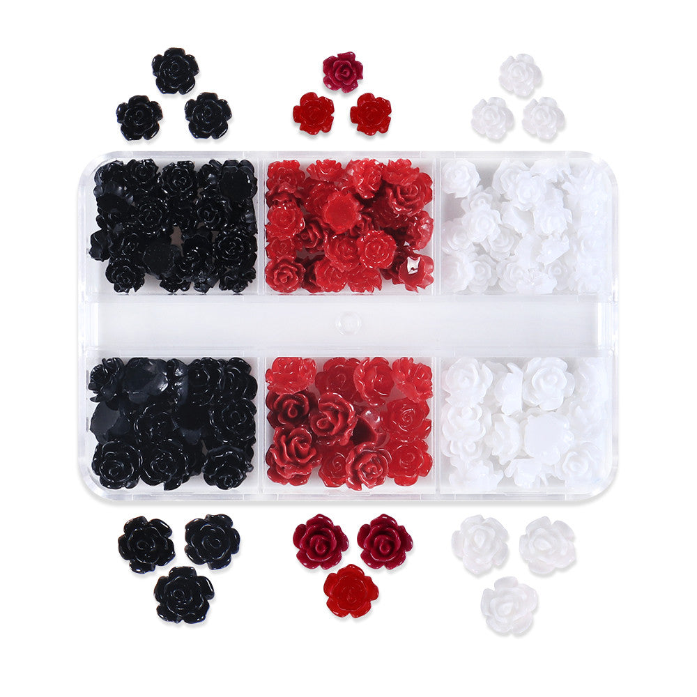 6 Grid Red Black White 3D Rose Nail Charms Vintage Resin Flower Nail Decor DIY Press On Nail Parts Cool Girl Manicure Accessories For Wedding Dating Daily Nail Art