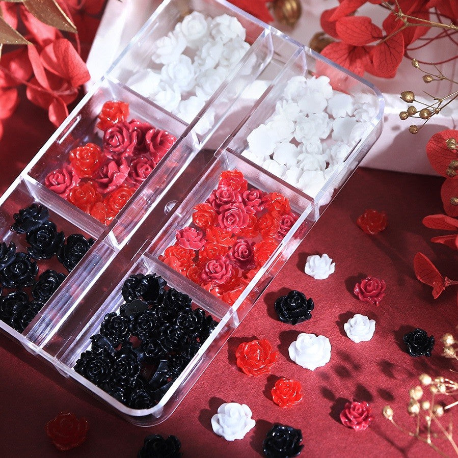 6 Grid Red Black White 3D Rose Nail Charms Vintage Resin Flower Nail Decor DIY Press On Nail Parts Cool Girl Manicure Accessories For Wedding Dating Daily Nail Art