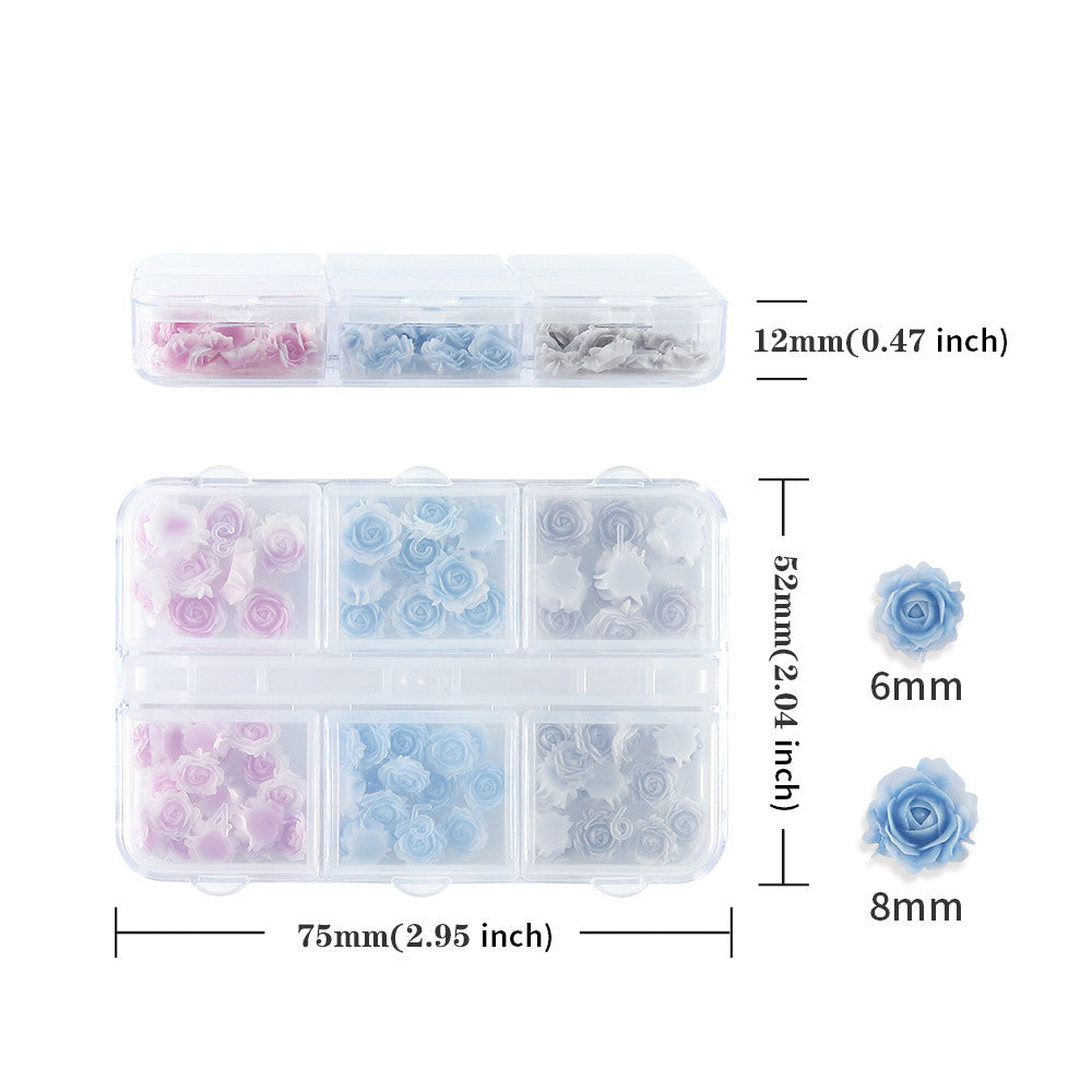 6 Grids Gradient Pastel Rose Nail Charms, Blue Pink Grey Mini Resin 3D Flower Nail Decorations,DIY Manicure Nail Salon Accessories