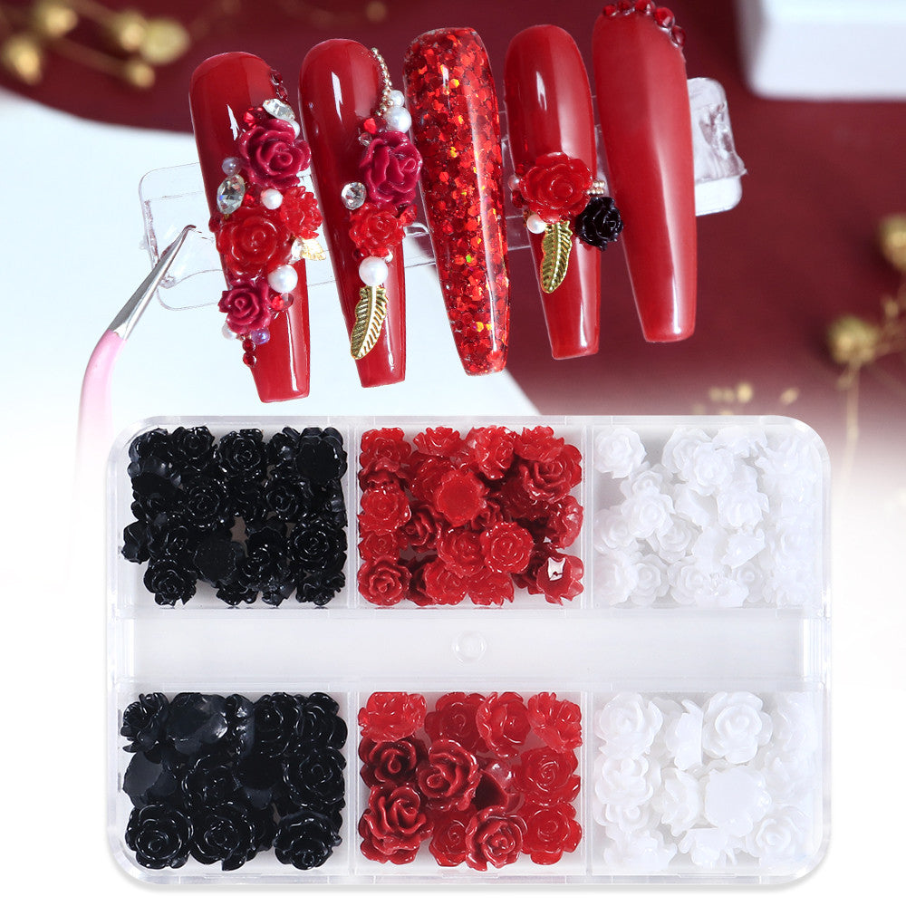 6 Grid Red Black White 3D Rose Nail Charms Vintage Resin Flower Nail Decor DIY Press On Nail Parts Cool Girl Manicure Accessories For Wedding Dating Daily Nail Art