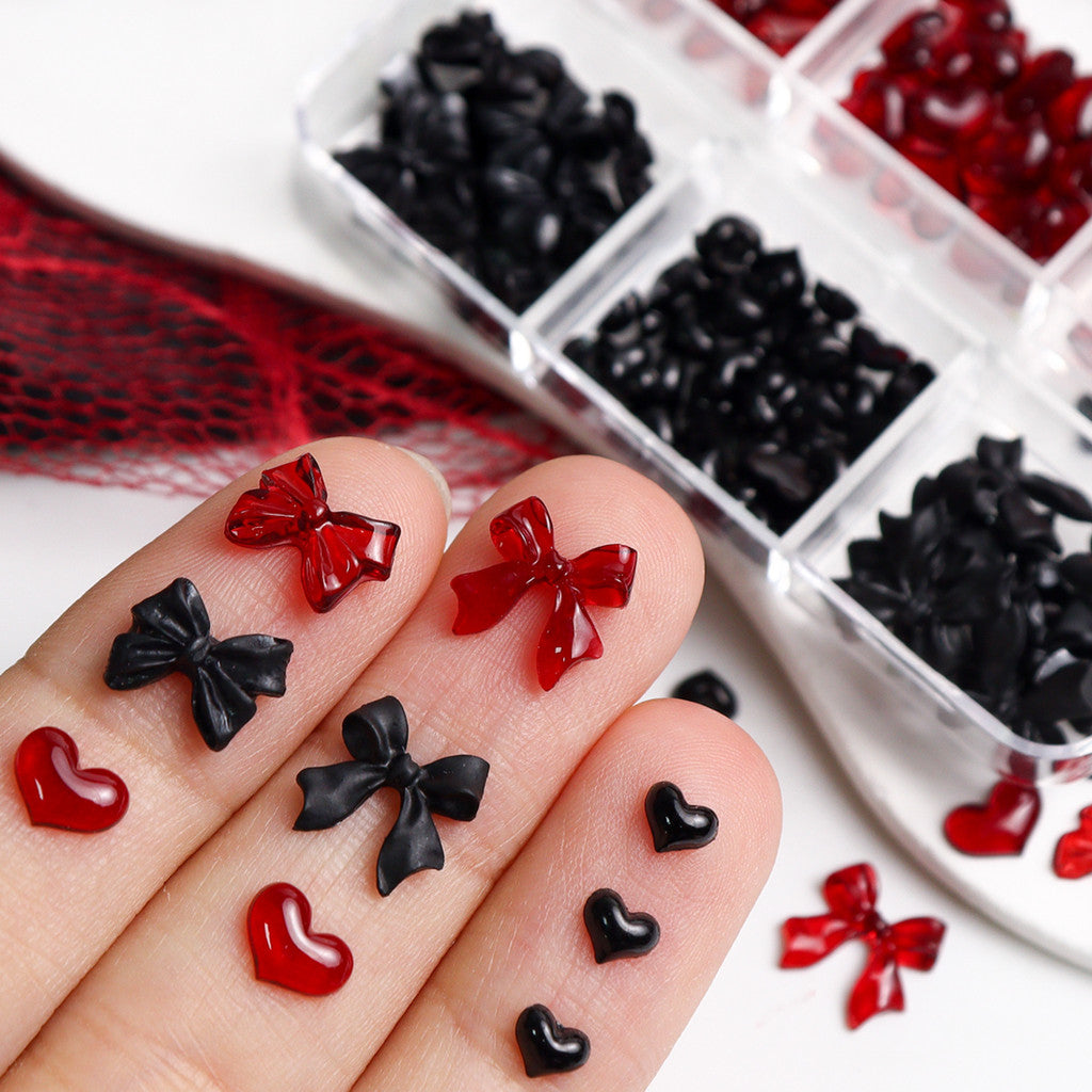 1 Box Sweet Gothic Dark Red & Black Heart Bow Nails Accessories, Gothic Retro Nail Rhinestone Decor, Retro Blood Red Date Nails, Kawaii Nail Parts, DIY Nail Decoration Accessories