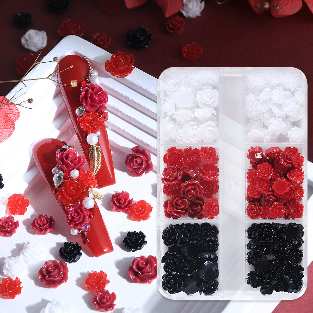 6 Grid Red Black White 3D Rose Nail Charms Vintage Resin Flower Nail Decor DIY Press On Nail Parts Cool Girl Manicure Accessories For Wedding Dating Daily Nail Art