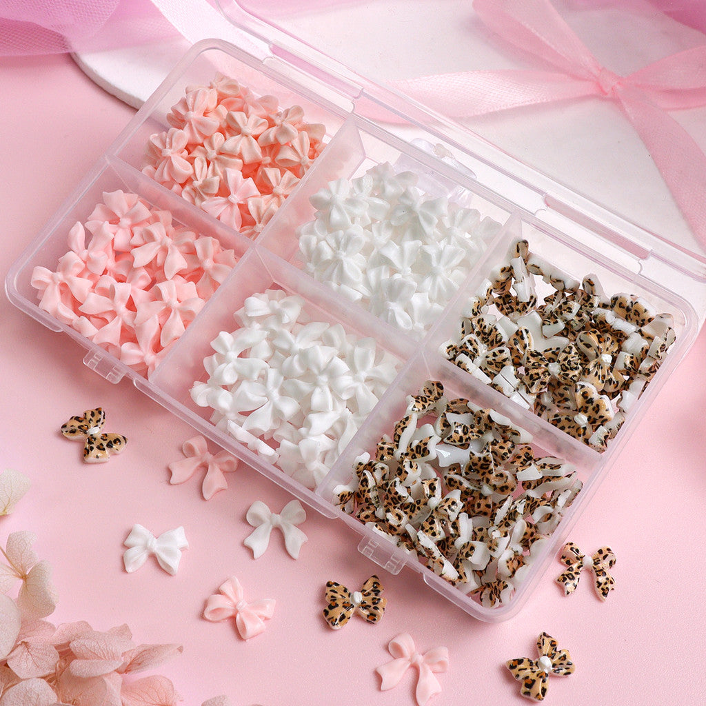 200pcs Leopard Print Bow Nail Charms, Pastel White Pink 3D Bowknot, Kawaii Nail Decor, Y2K Manicure Supplies, Mixed Ribbon Bow Nail Ornaments