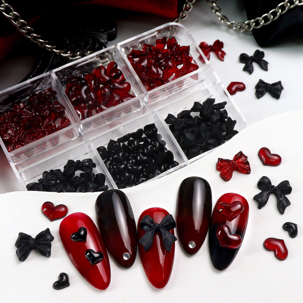 1 Box Sweet Gothic Dark Red & Black Heart Bow Nails Accessories, Gothic Retro Nail Rhinestone Decor, Retro Blood Red Date Nails, Kawaii Nail Parts, DIY Nail Decoration Accessories