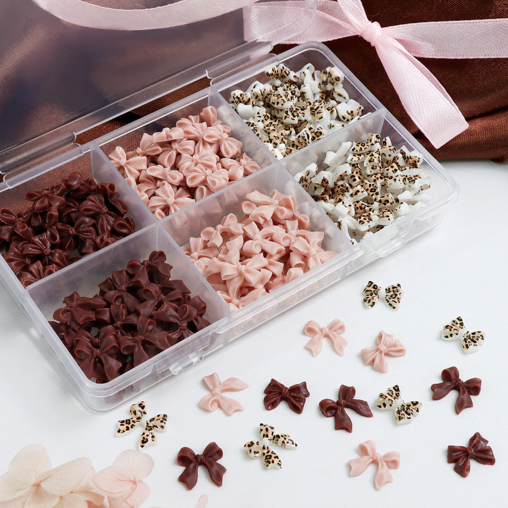 200pcs Leopard Print Bow Nail Charms, Mixed Solid Coffee Nude Bowknot, Retro Autumn Cowgirl Nail Decor, Y2K Western Manicure Supplies, 3D Ribbon Bow Nail Ornaments
