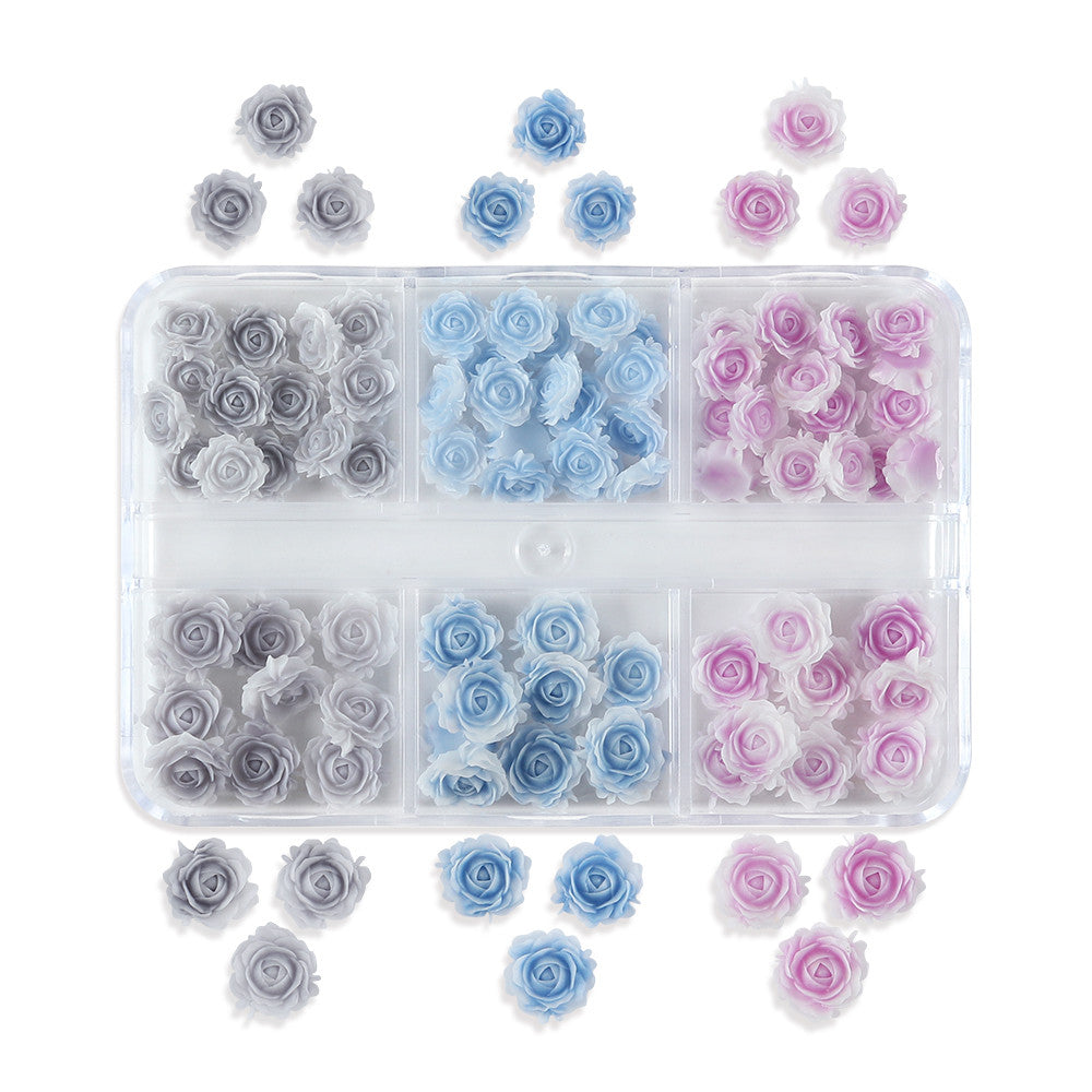 6 Grids Gradient Pastel Rose Nail Charms, Blue Pink Grey Mini Resin 3D Flower Nail Decorations,DIY Manicure Nail Salon Accessories