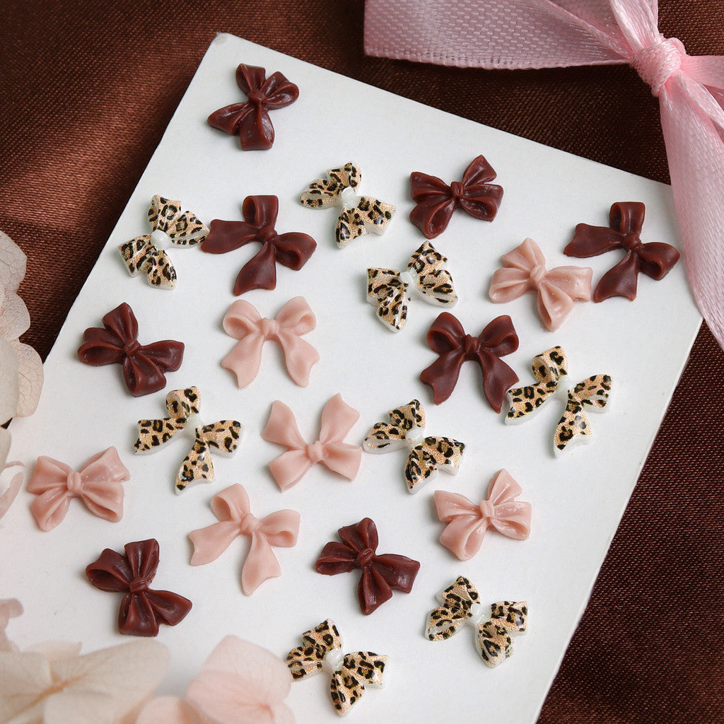 200pcs Leopard Print Bow Nail Charms, Mixed Solid Coffee Nude Bowknot, Retro Autumn Cowgirl Nail Decor, Y2K Western Manicure Supplies, 3D Ribbon Bow Nail Ornaments