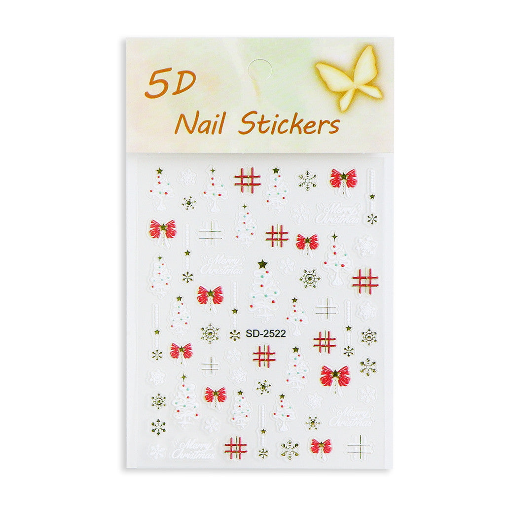 1pcs Snowy Christmas Embossed Nail Stickers, 5D Red Green Bow Tree Snowflake Nail Decals, Winter Xmas Nail Art Supplies for Press On Nails