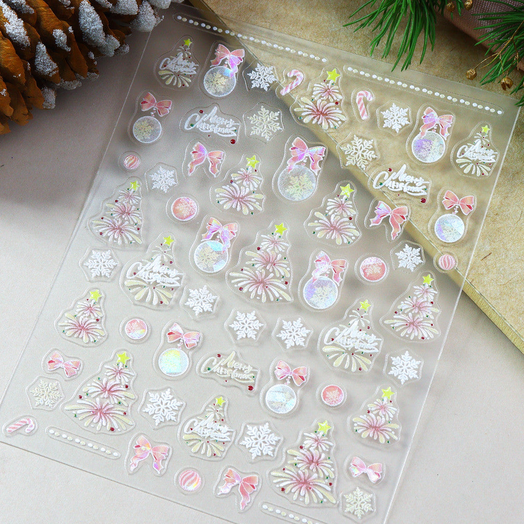 1pcs Snowy Christmas Embossed Nail Stickers, 5D Red Green Bow Tree Snowflake Nail Decals, Winter Xmas Nail Art Supplies for Press On Nails