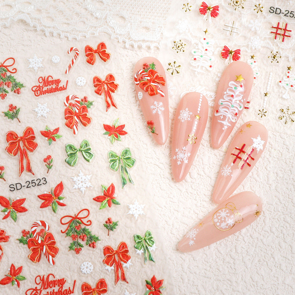 1pcs Snowy Christmas Embossed Nail Stickers, 5D Red Green Bow Tree Snowflake Nail Decals, Winter Xmas Nail Art Supplies for Press On Nails