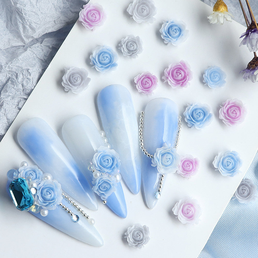 6 Grids Gradient Pastel Rose Nail Charms, Blue Pink Grey Mini Resin 3D Flower Nail Decorations,DIY Manicure Nail Salon Accessories