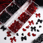 1 Box Sweet Gothic Dark Red & Black Heart Bow Nails Accessories, Gothic Retro Nail Rhinestone Decor, Retro Blood Red Date Nails, Kawaii Nail Parts, DIY Nail Decoration Accessories