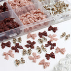 200pcs Leopard Print Bow Nail Charms, Mixed Solid Coffee Nude Bowknot, Retro Autumn Cowgirl Nail Decor, Y2K Western Manicure Supplies, 3D Ribbon Bow Nail Ornaments
