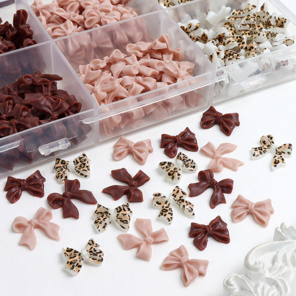 200pcs Leopard Print Bow Nail Charms, Mixed Solid Coffee Nude Bowknot, Retro Autumn Cowgirl Nail Decor, Y2K Western Manicure Supplies, 3D Ribbon Bow Nail Ornaments