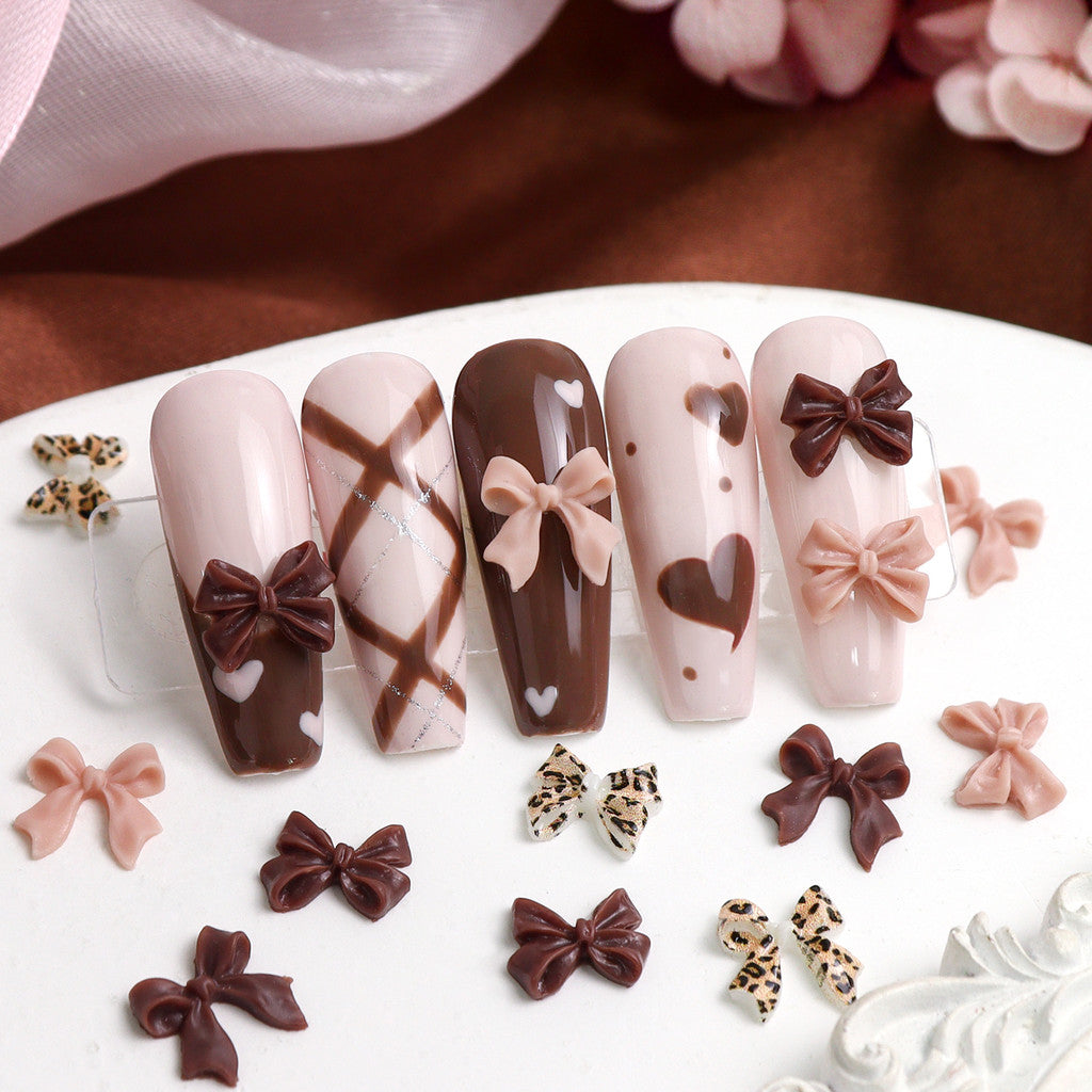 200pcs Leopard Print Bow Nail Charms, Mixed Solid Coffee Nude Bowknot, Retro Autumn Cowgirl Nail Decor, Y2K Western Manicure Supplies, 3D Ribbon Bow Nail Ornaments