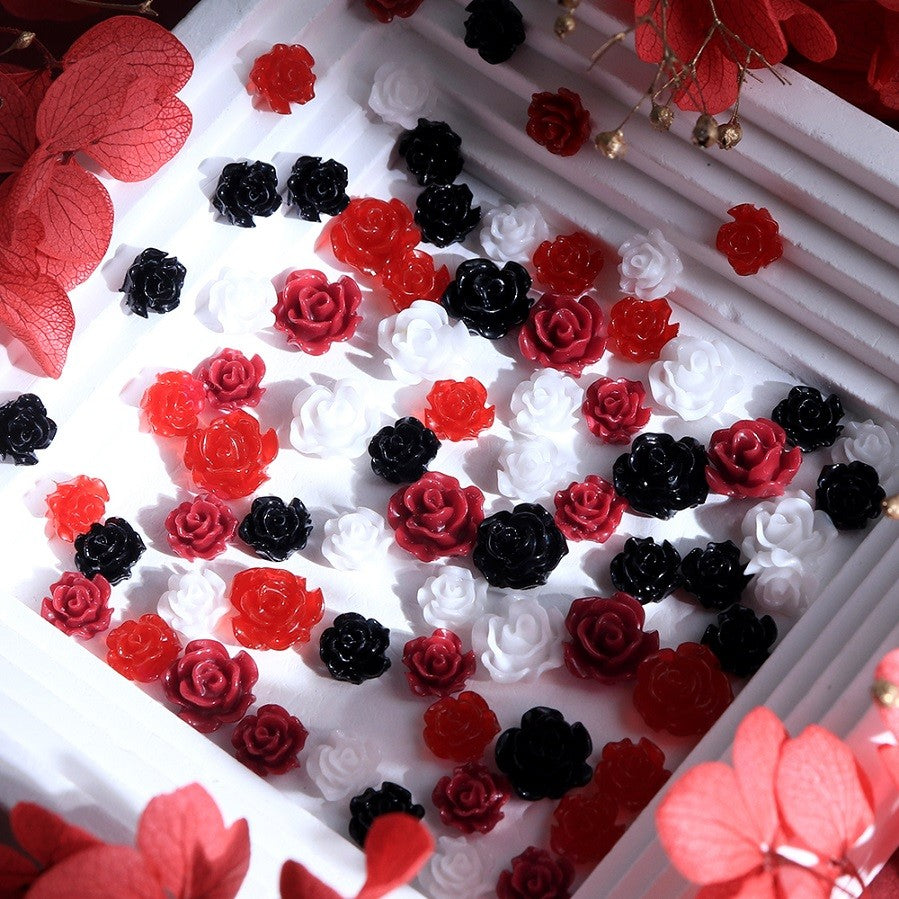 6 Grid Red Black White 3D Rose Nail Charms Vintage Resin Flower Nail Decor DIY Press On Nail Parts Cool Girl Manicure Accessories For Wedding Dating Daily Nail Art