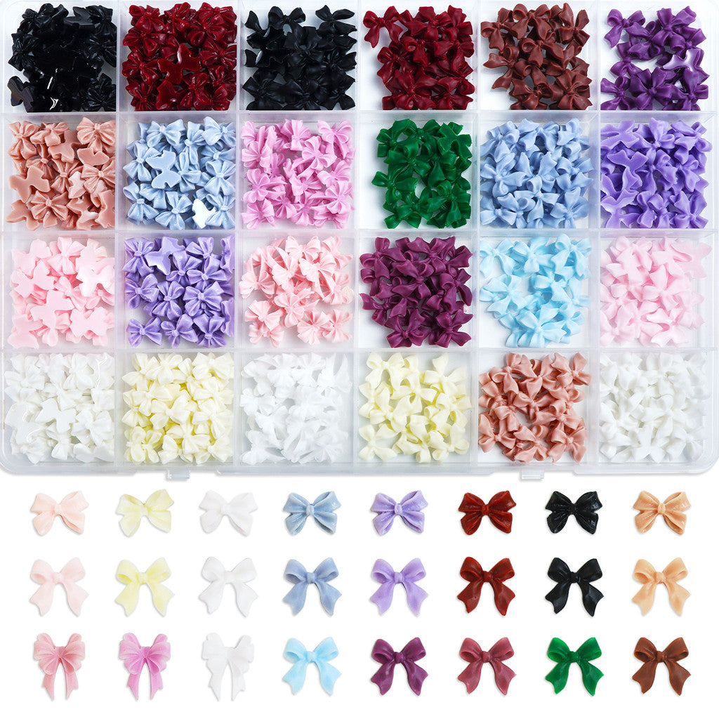 24 Grid Multi-color 3D Bow Nail Charms Matte Resin Mini Bowknot DIY Press On Nail Parts Sweet Girl Manicure Accessories For Wedding Dating Daily Nail Art