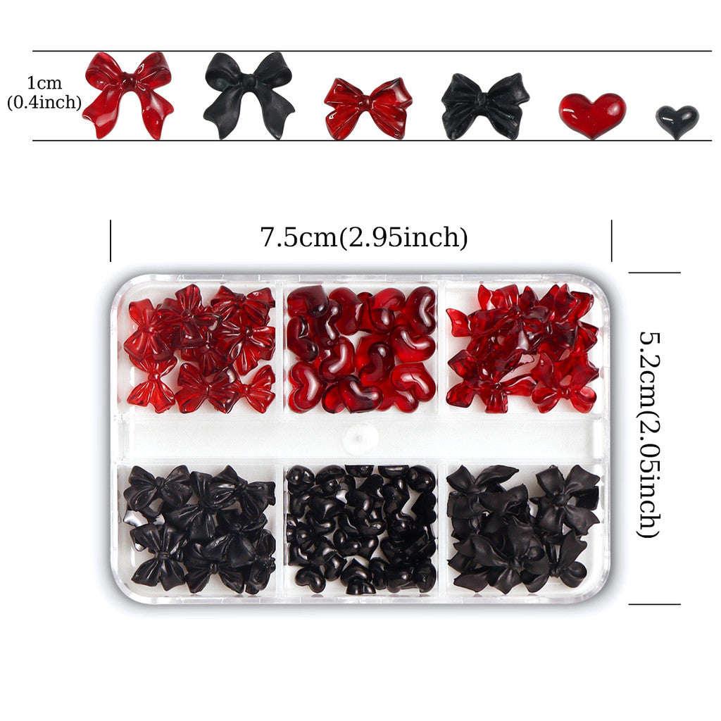 1 Box Sweet Gothic Dark Red & Black Heart Bow Nails Accessories, Gothic Retro Nail Rhinestone Decor, Retro Blood Red Date Nails, Kawaii Nail Parts, DIY Nail Decoration Accessories
