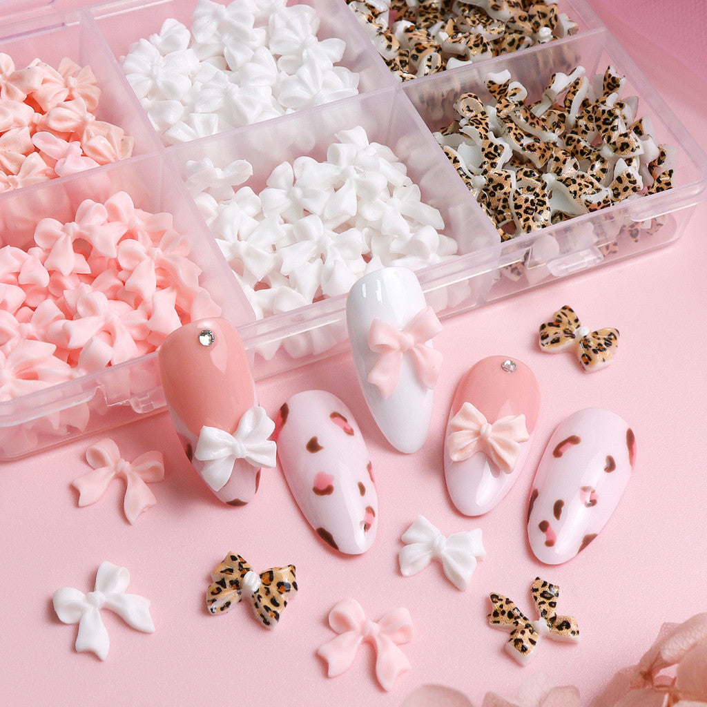 200pcs Leopard Print Bow Nail Charms, Pastel White Pink 3D Bowknot, Kawaii Nail Decor, Y2K Manicure Supplies, Mixed Ribbon Bow Nail Ornaments