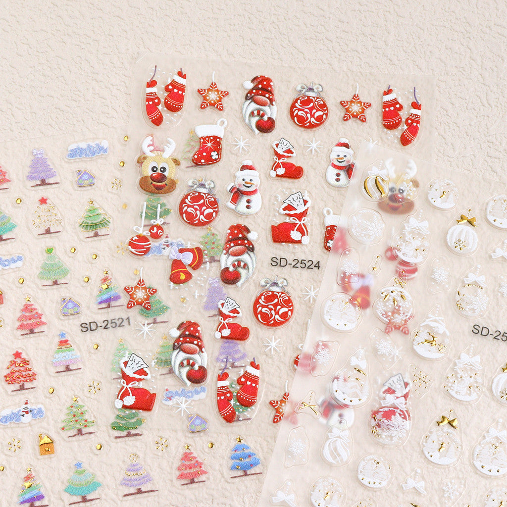 1pcs Snowy Christmas Embossed Nail Stickers, 5D Red Green Bow Tree Snowflake Nail Decals, Winter Xmas Nail Art Supplies for Press On Nails