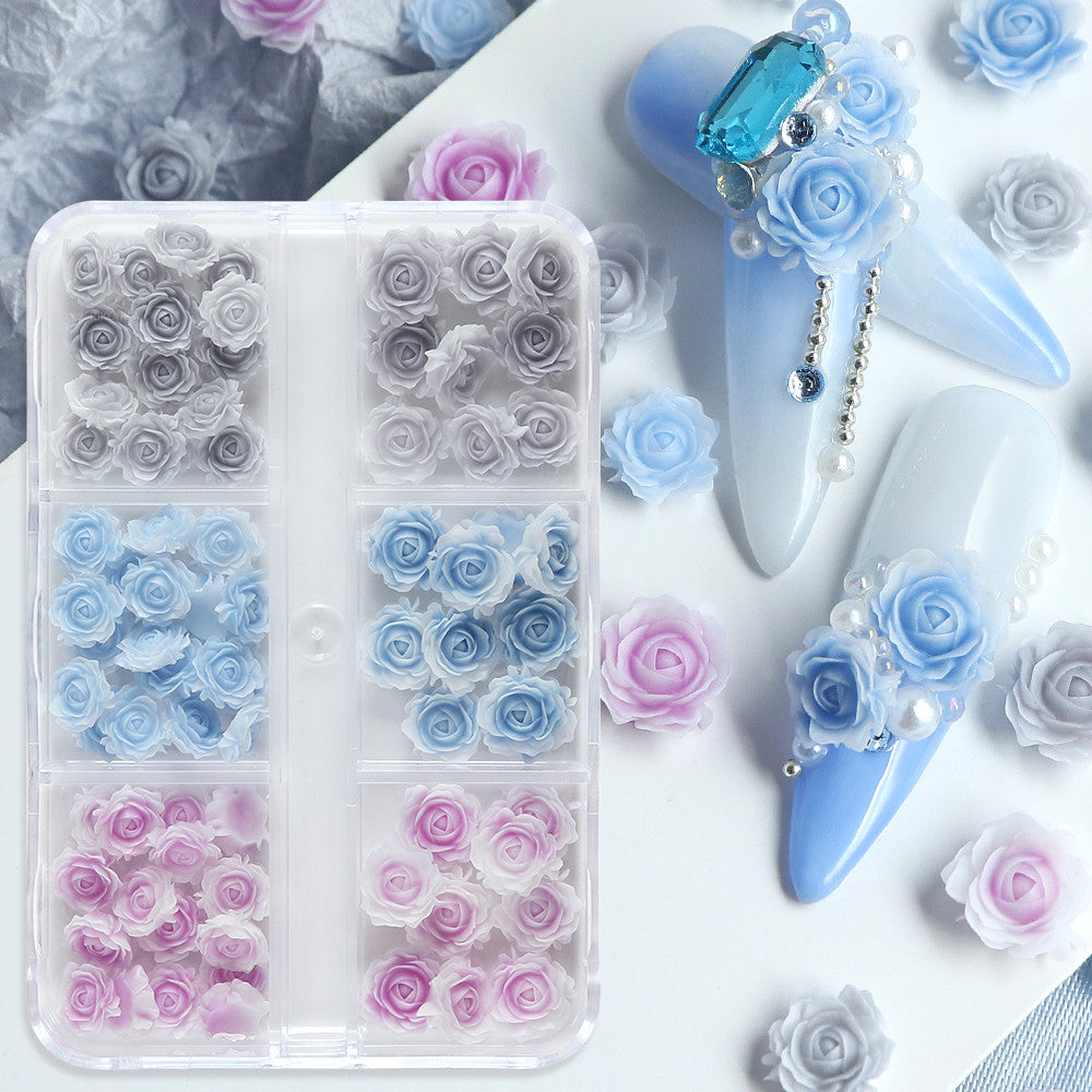 6 Grids Gradient Pastel Rose Nail Charms, Blue Pink Grey Mini Resin 3D Flower Nail Decorations,DIY Manicure Nail Salon Accessories