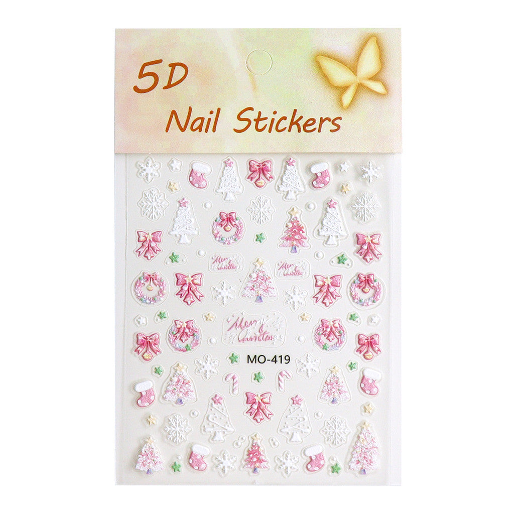 1pcs Snowy Christmas Embossed Nail Stickers, 5D Red Green Bow Tree Snowflake Nail Decals, Winter Xmas Nail Art Supplies for Press On Nails